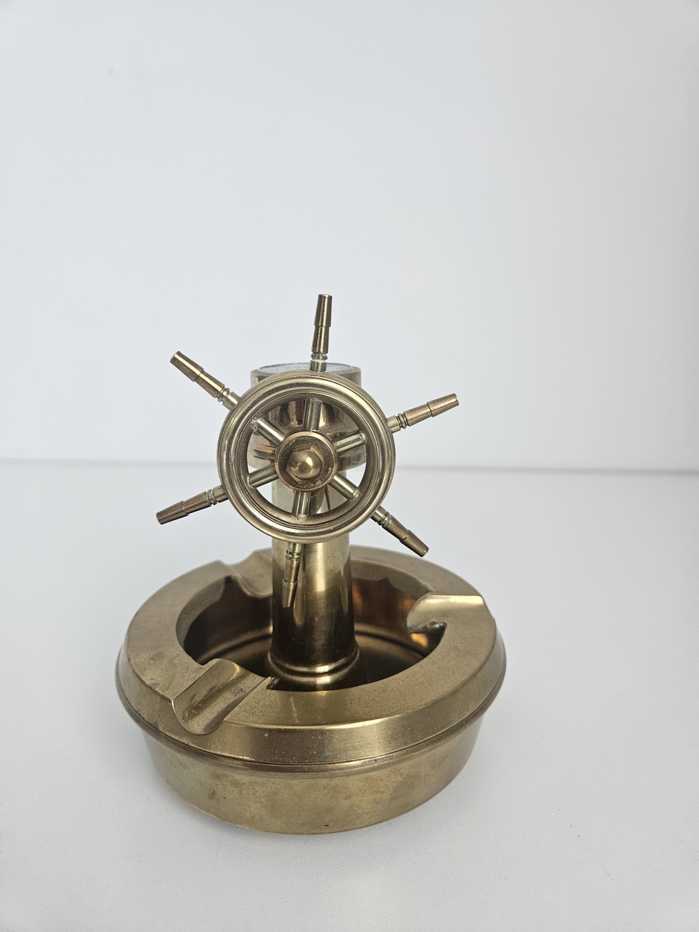 Vintage Mid-Century Brass Nautical Ship’s Wheel Ashtray with Working Compass